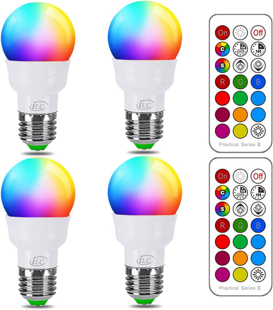 iLC RGB LED Light Bulb, Color Changing Light Bulb, 40W Equivalent, 450LM, 2700K Warm White 5W E26 Screw Base RGBW, Flood Light Bulb- 12 Color Choices - Timing Infrared Remote Control (4 Pack)