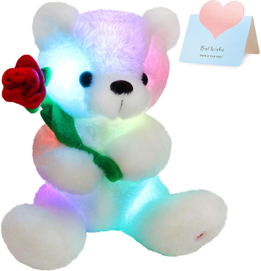 Houwsbaby Glow Teddy Bear with Rose Stuffed Animal Soft Light Up Plush Toy LED Night Lights Valentine’s Day Gifts for Kids Toddler Girlfriend Mother's Day, White, 10.5''