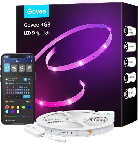 Govee Smart WiFi LED Strip Lights, 50ft RGB Led Strip Lighting Work with Alexa and Google Assistant, Color Changing Light Strip, Music Sync, LED Lights for Bedroom, Valentine's Day, Easy to Install