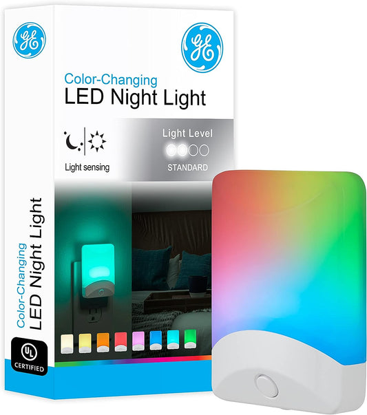 GE Color-Changing LED Night Light, Plug Into Wall, Dusk to Dawn Sensor, 8 Vibrant Colors, Minimalist Design, 1 Pack, White, 34693