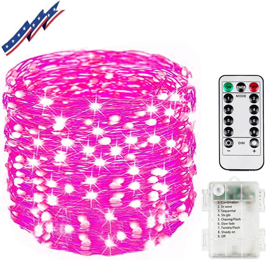 66Ft 200LED Battery Operated Fairy Lights with Remote, Waterproof Battery Christmas String Lights with Timer, Twinkle Lights for Bedroom Christmas Decorations Valentine's Day Party (Pink)