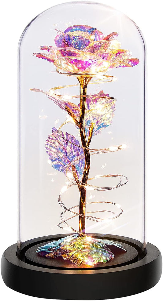 Childom Valentines Day Gifts for Her,Birthday Gifts for Women,Artificial Preserved Flowers,Valentines Gifts for Mom Wife Girlfriend Grandma,Valentines Colorful Rainbow Light Up Rose in A Glass Dome