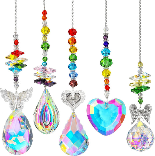 5PCS Crystal Suncatchers for Windows Pendants, Sun Catcher with Colorful Crystal Prisms Chain Christmas Ornament for Window Home Wall Tree Cars Hanging Decoration